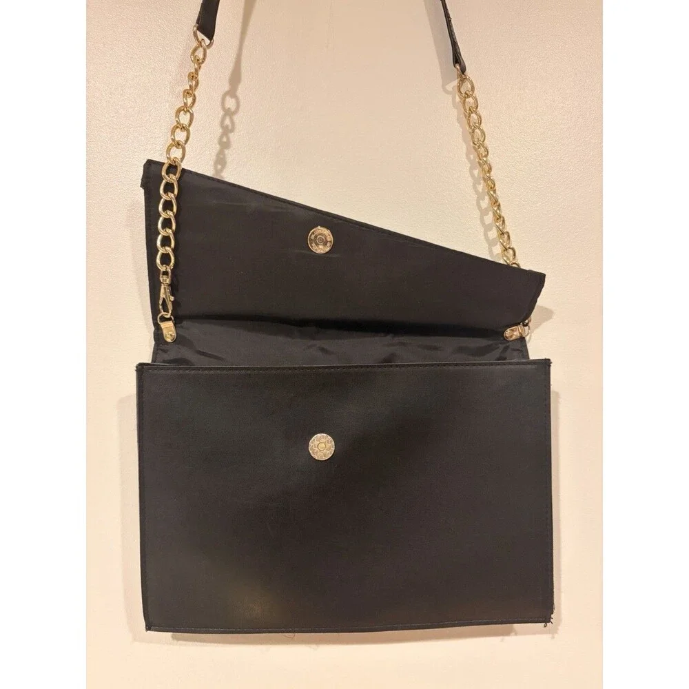Black Crocodile Embossed Crossbody Clutch, Zip/Snap, Detach Chain Strap, Gold